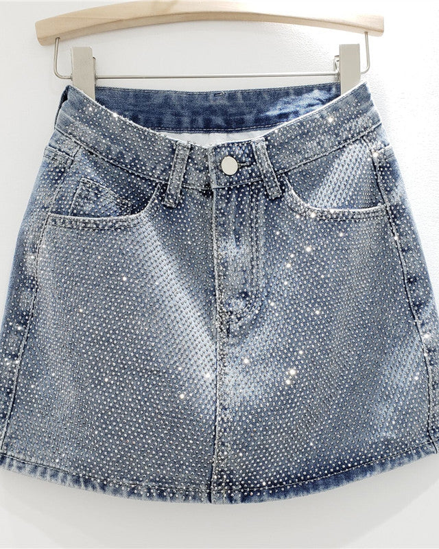 Hot Rhinestoned Denim Hip-Hugging Short Skirt Blue