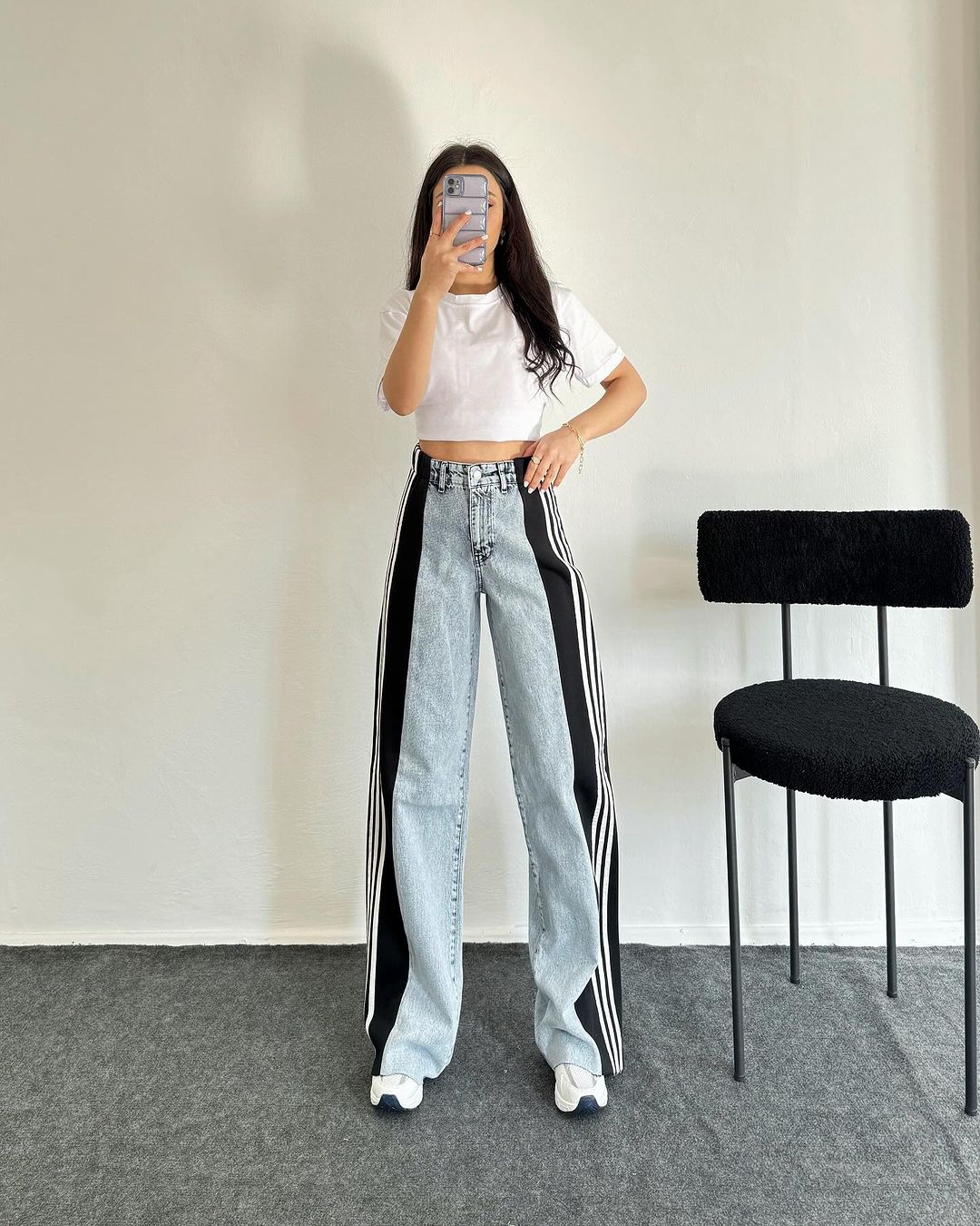 High Waisted Straight Pants Casual Pants Striped Patchwork Jeans Women