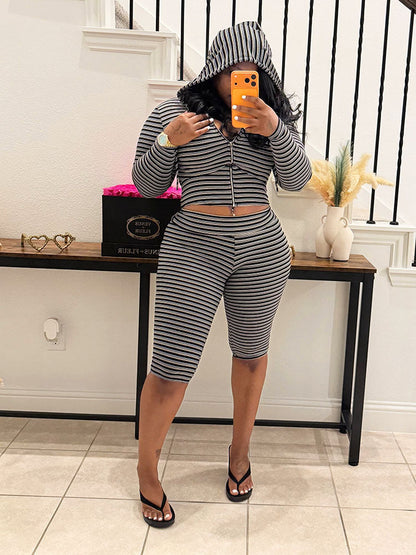 Striped Ribbed Hoodie & Capri Leggings Set