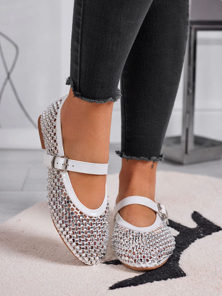 Rhinestone Leather Ballet Flats