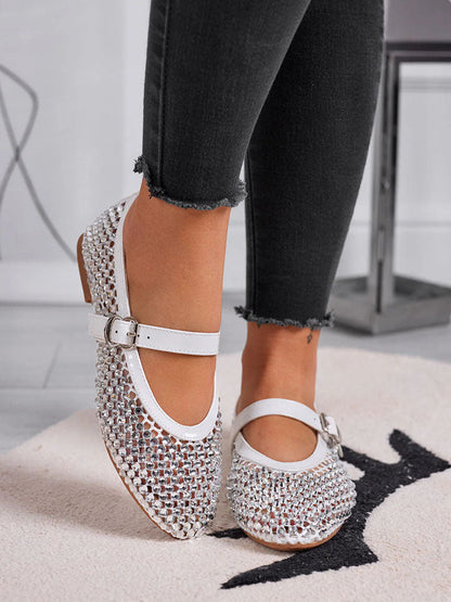 Rhinestone Leather Ballet Flats