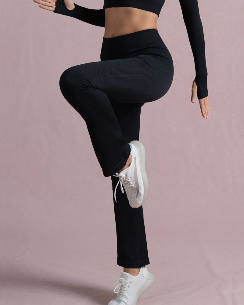 Knitted Ribbed Tummy Control Butt Lifting Straight Yoga Pants (Pre-sale) Black