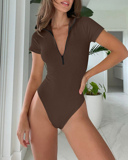 One-piece Short-sleeved Front-zip Briefs Bodysuit Jumpsuit