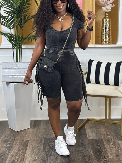 Mineral Washed Fringe Biker Shorts Set
