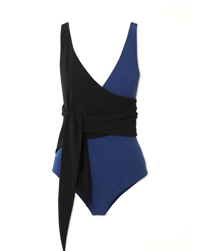 Black Blue Color Block Lace Up One Piece Swimsuit And Cover up Only one piece