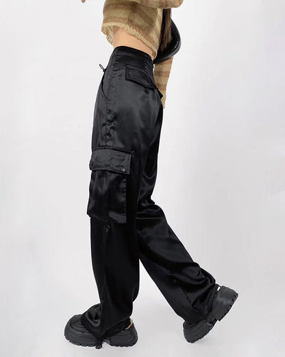 Loose Straight High-Waisted Casual Satin Overalls Black