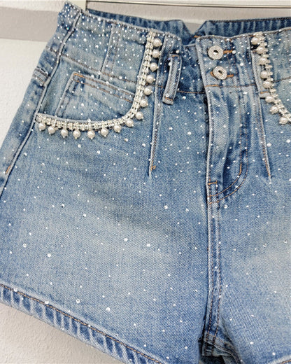 High-Waisted Diamond-Beaded Denim Shorts