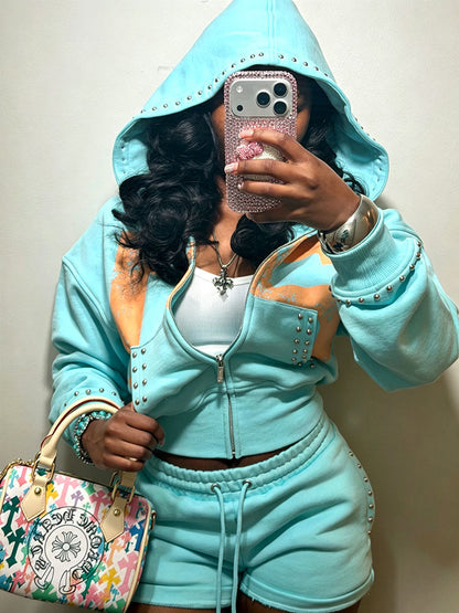 Studded Hoodie Jacket & Shorts Set