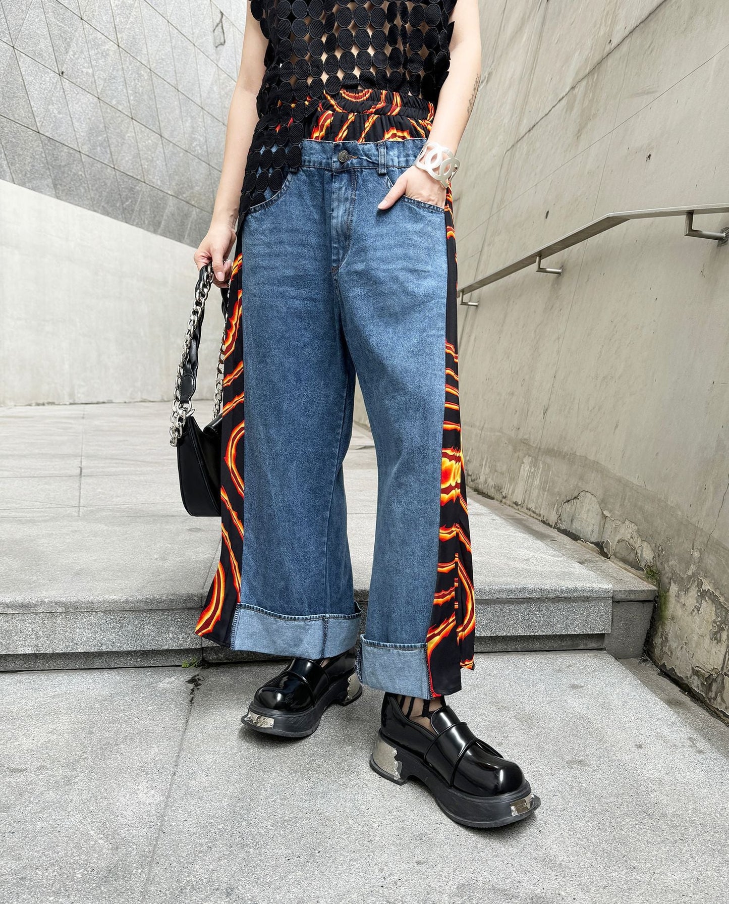 Retro Contrast Paneled Pleated Casual Straight Leg Jeans