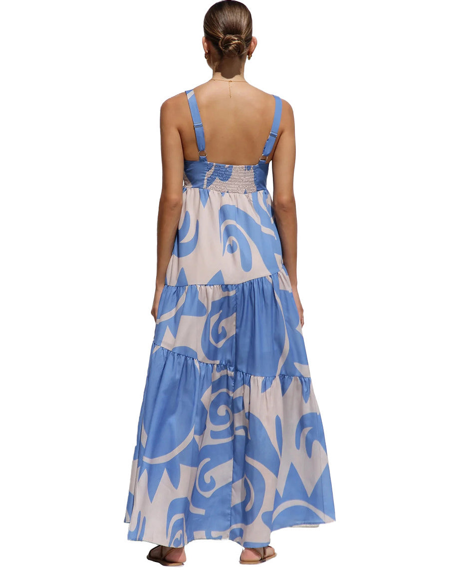 Simple Printed Suspender Maxi Dress with Large Skirt