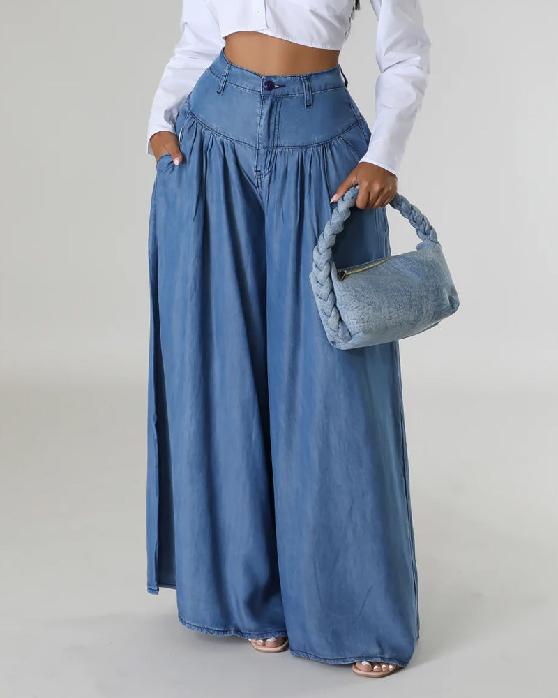 High Waist Wide Leg Denim Women Pants Casual Floor Loose Spring Skirt Trousers Blue