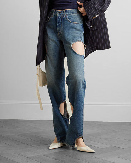 High-Waisted Retro Cutout Straight-Leg Jeans Blue