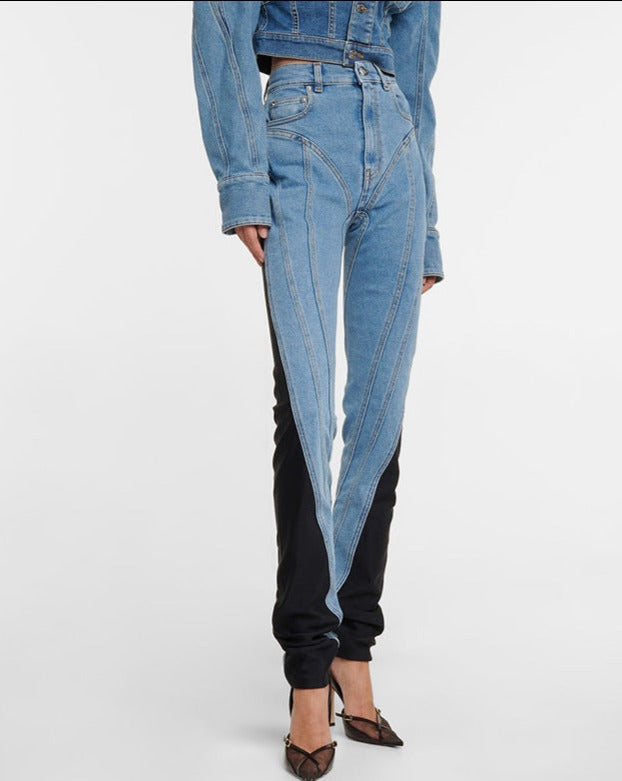 Mid-Rise Contrast Paneled Washed Light Skinny Jeans Blue