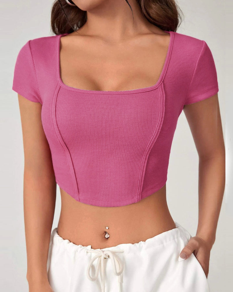 Irregular Square Neck Knitted Short-Sleeved T-Shirt Cropped Top