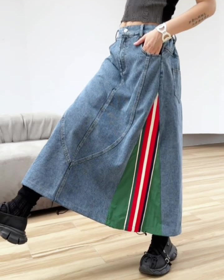 High Waisted Paneled Contrast Denim Skirt