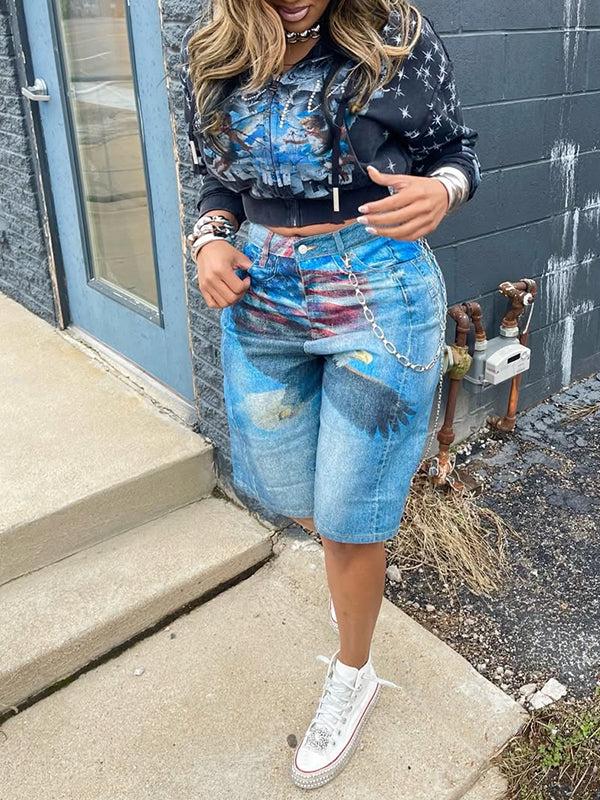 Printed Bermuda Denim Shorts