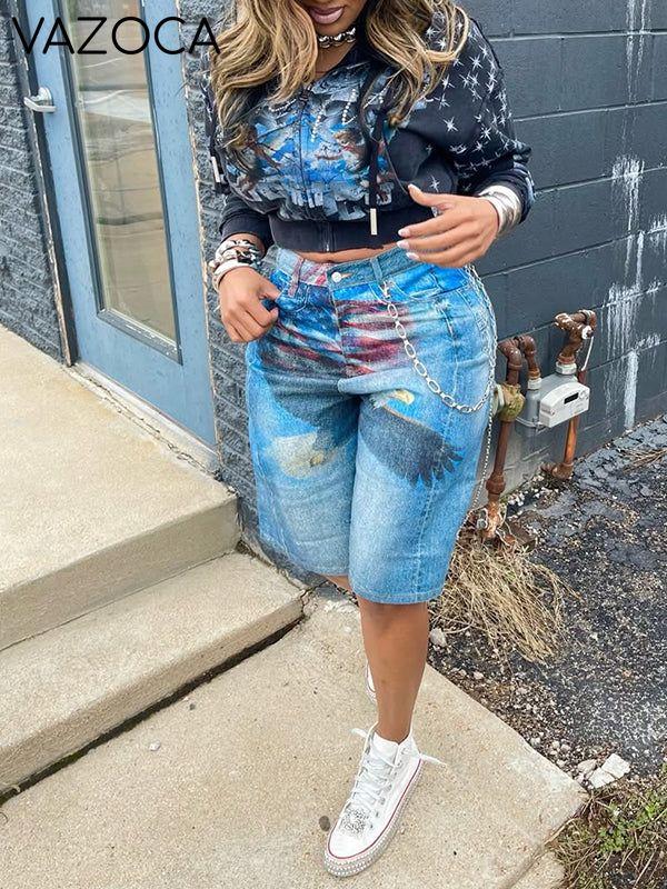 Printed Bermuda Denim Shorts