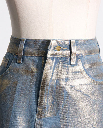 High Waist Hot Stamping A-Line Denim Skirt