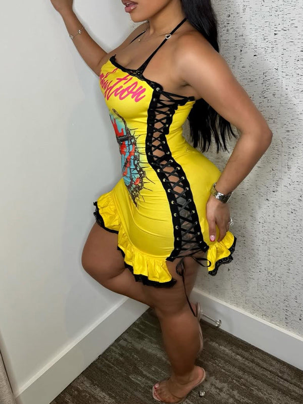 Printed Lace-Up Halter Dress