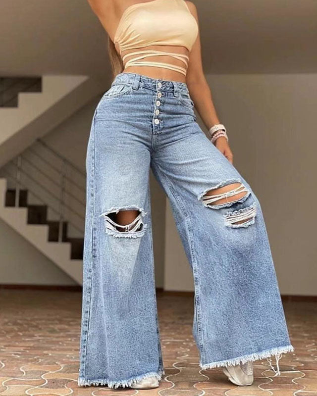 Raw Edge Loose Ripped Multi Button Jeans