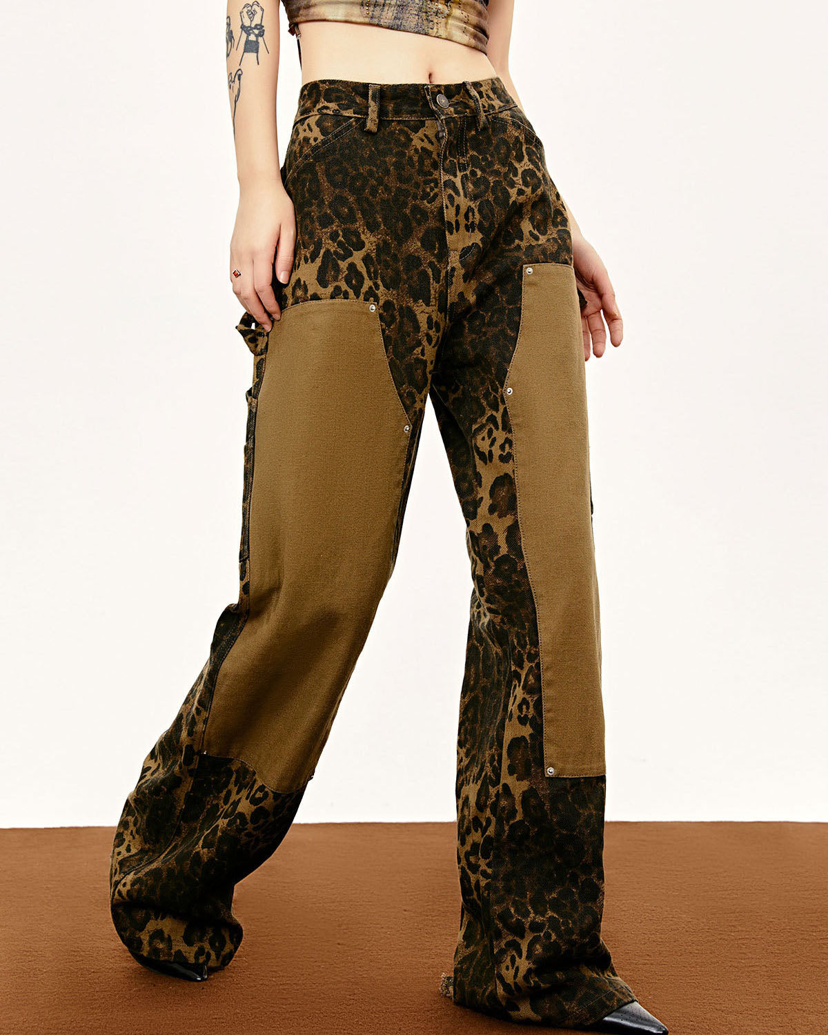 Spliced Cargo Logging Straight Leopard Print Casual Pants