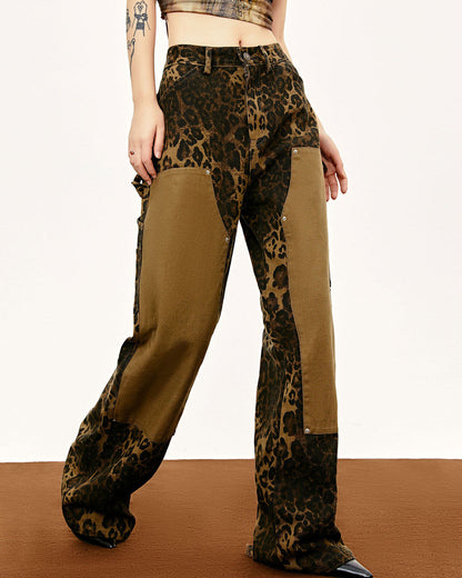 Spliced Cargo Logging Straight Leopard Print Casual Pants