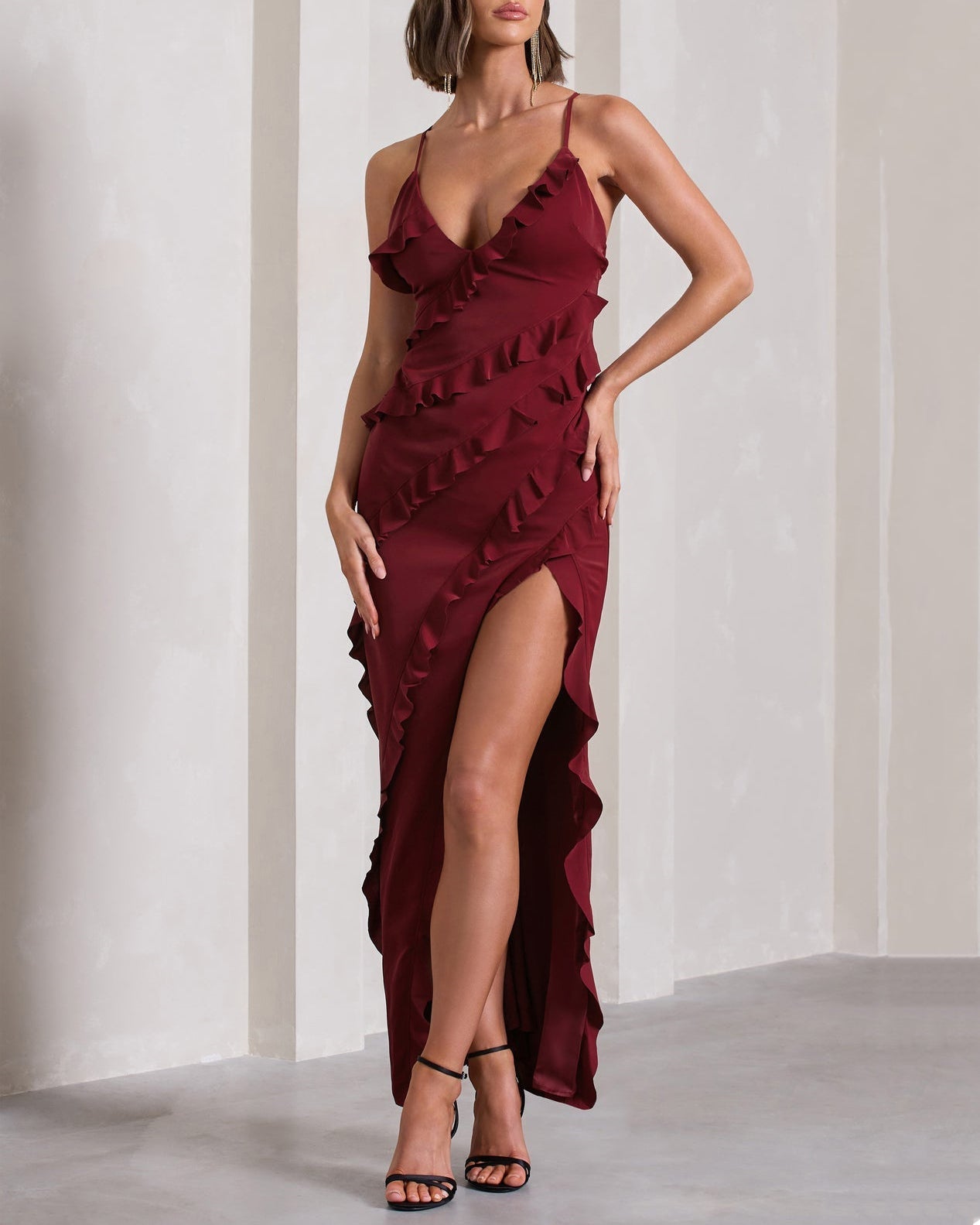 Sexy V-Neck Strapless Side Slit Backless Dress DarkRed