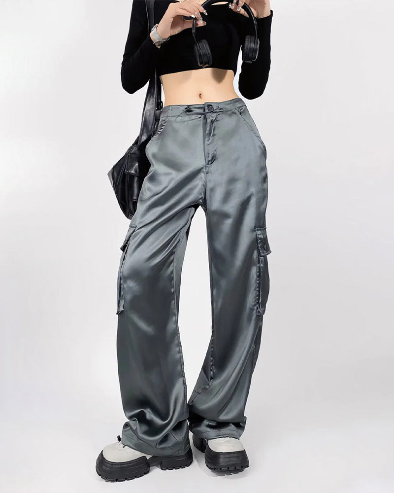 Loose Straight High-Waisted Casual Satin Overalls Grey