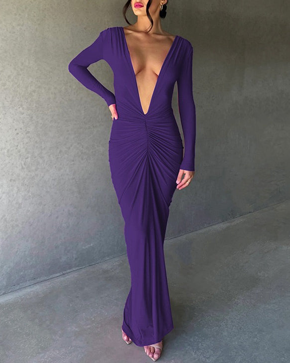 Reversible Pleated Long-Sleeved Backless Maxi Dress