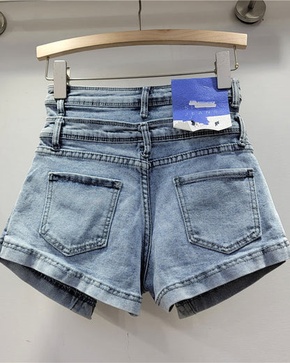 Slim High Waist Washed Fake Two Piece Wide Leg Denim Shorts