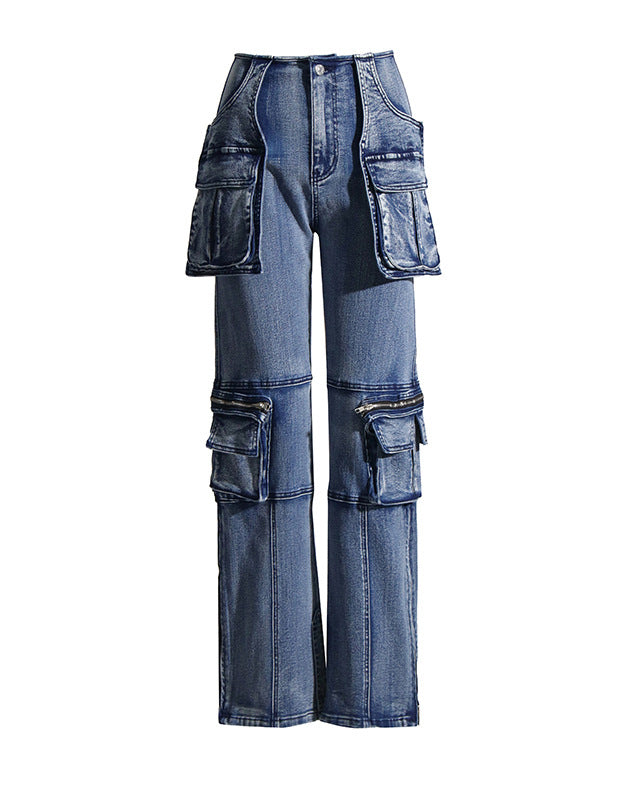 Straight Slim Denim Trousers With Sewn Large Pockets Blue