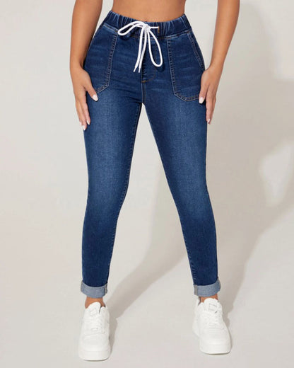 Drawstring Elastic Waist High Stretch Cropped Jeans