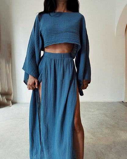 Linen Blend Cropped Top High-Waisted Slit Casual Long Skirt Two-Piece Set Blue