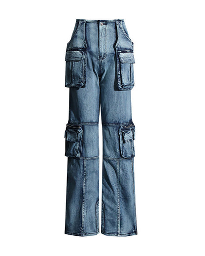 Straight Slim Denim Trousers With Sewn Large Pockets Lightblue