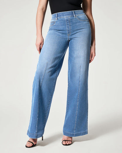 Wide-Leg High Stretch Elastic Waist Washed Jeans