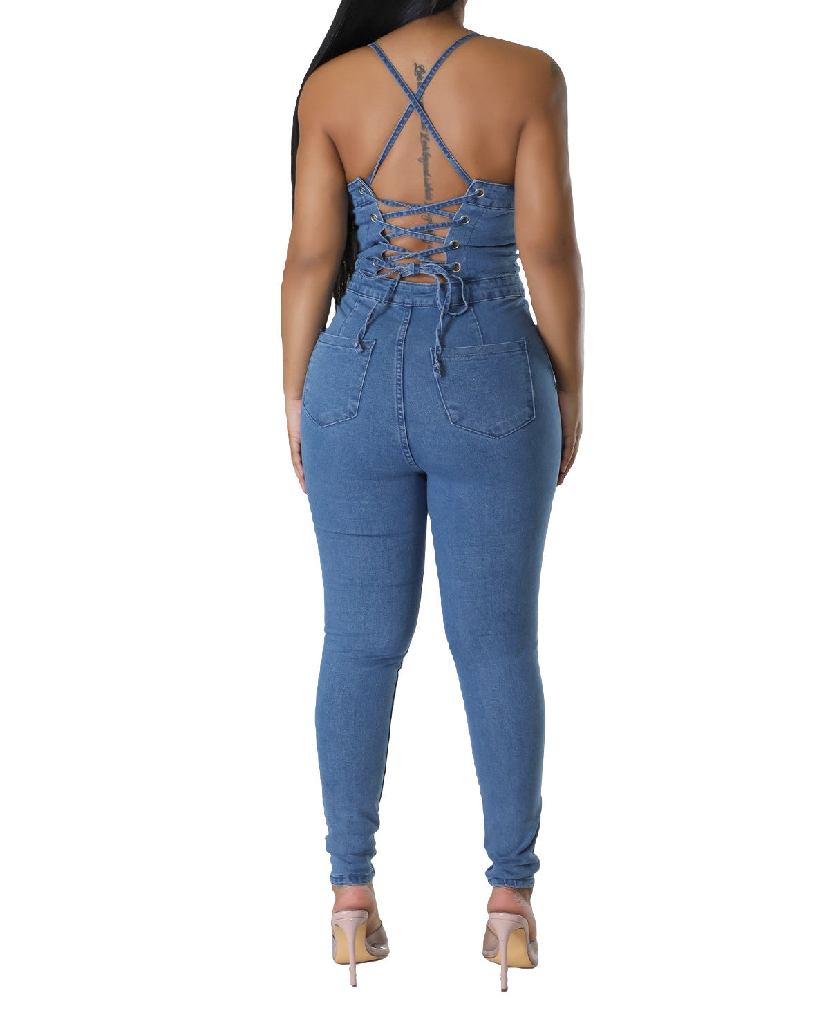 Skinny Stretch Fit Backless Bandage Denim Jumpsuit