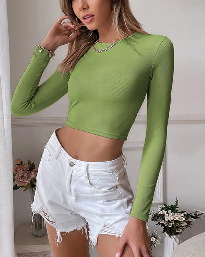 Backless Casual Short Slim Fit Knitted Long-Sleeved T-Shirt Top Green