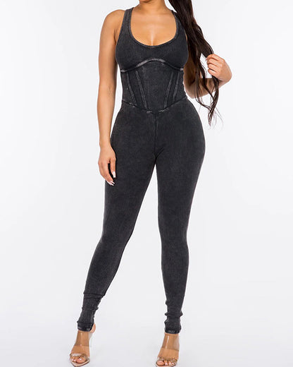 Ribbed Distressed Washed Long-Sleeve Jumpsuit