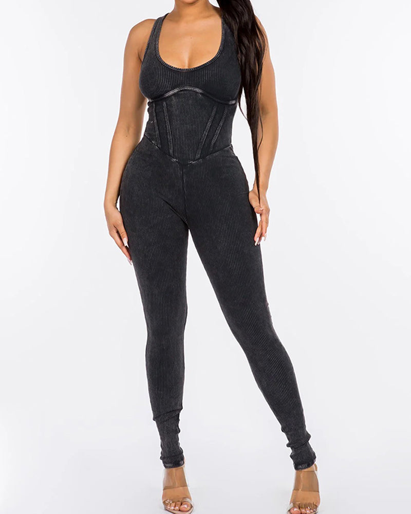 Ribbed Distressed Washed Long-Sleeve Jumpsuit