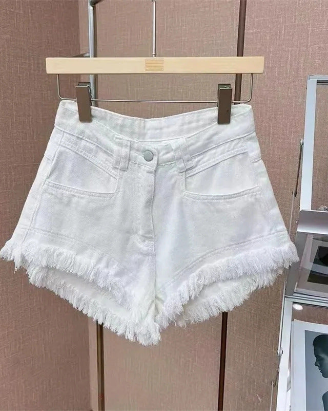 Solid Color Fringed Denim Shorts White