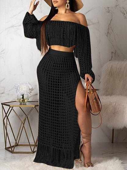 Crochet Mesh Tassels Crop Top & Skirt Set Black