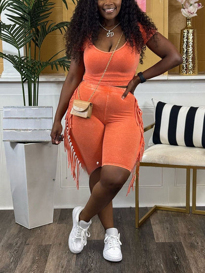 Mineral Washed Fringe Biker Shorts Set