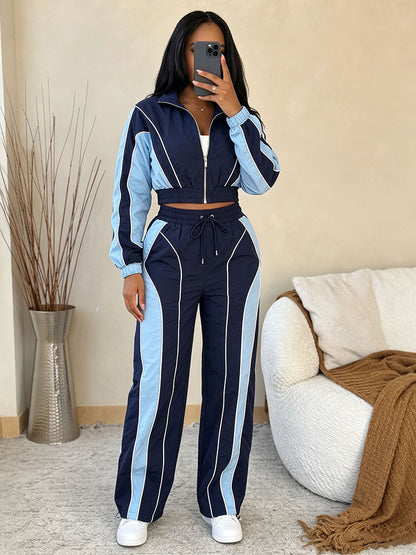 Contrast Windbreaker Jacket & Wide Pants Set
