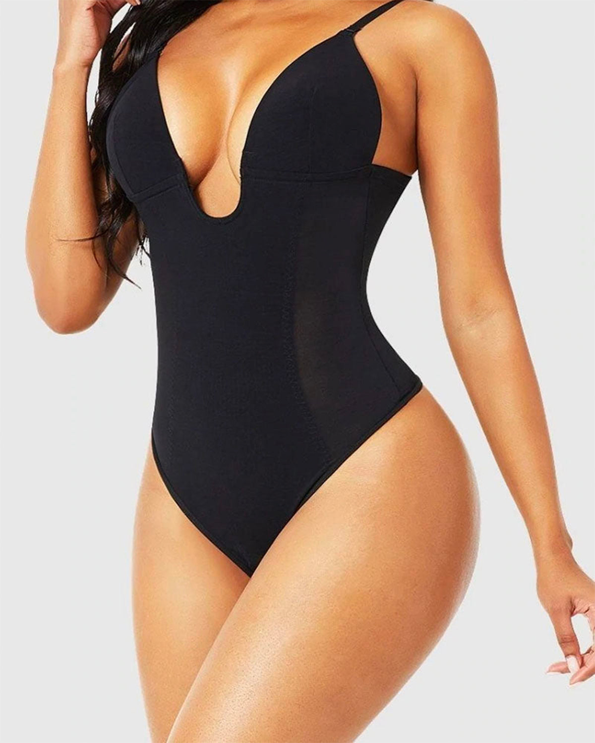 Plunge Low-Back Thong Shapewear Bodysuit Black