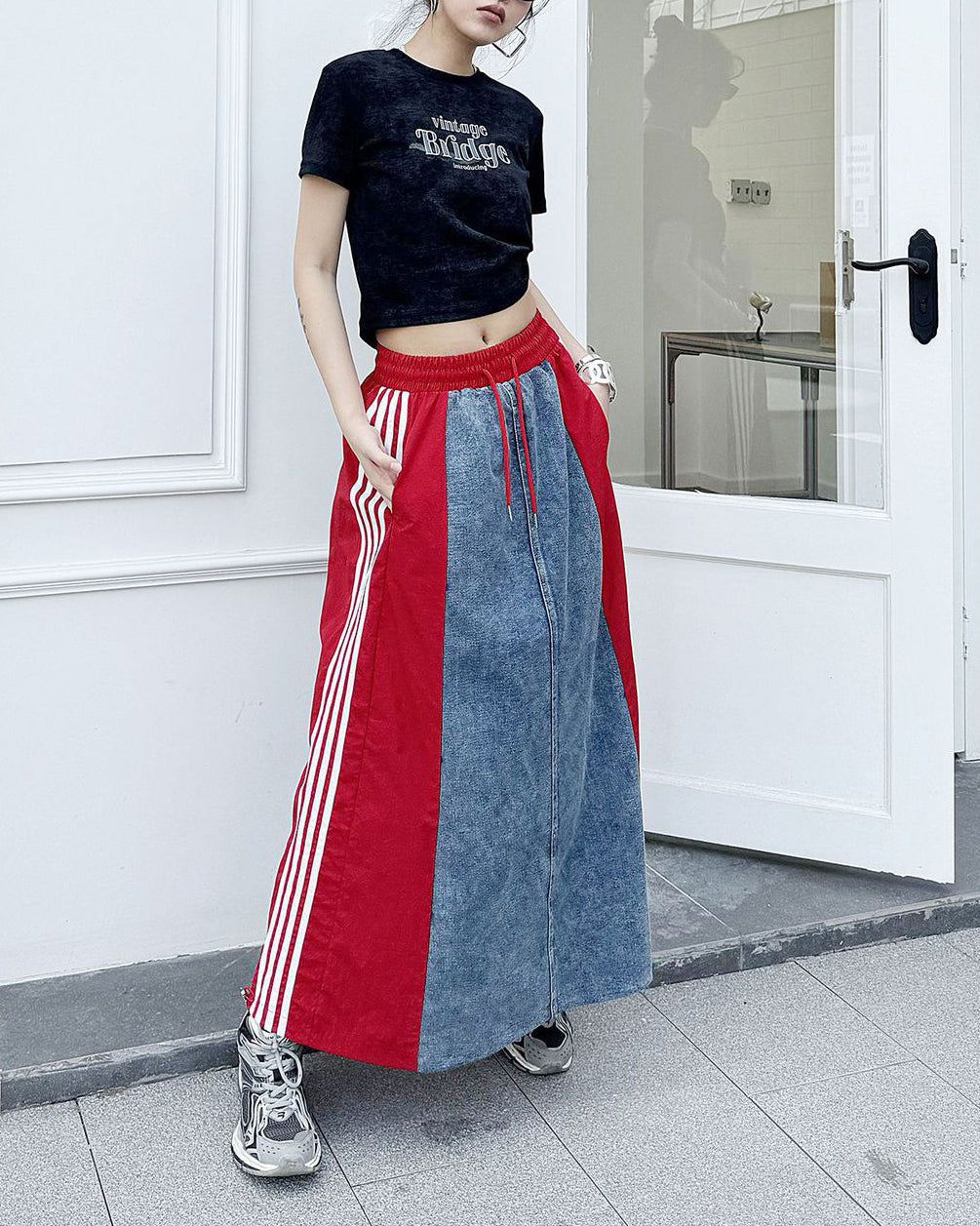 Retro Denim Patchwork Sweatshirt Skirt