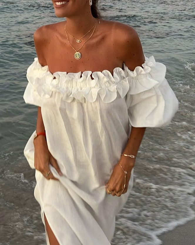 Ruffle Puff Sleeves off Shoulder Holiday Dress White