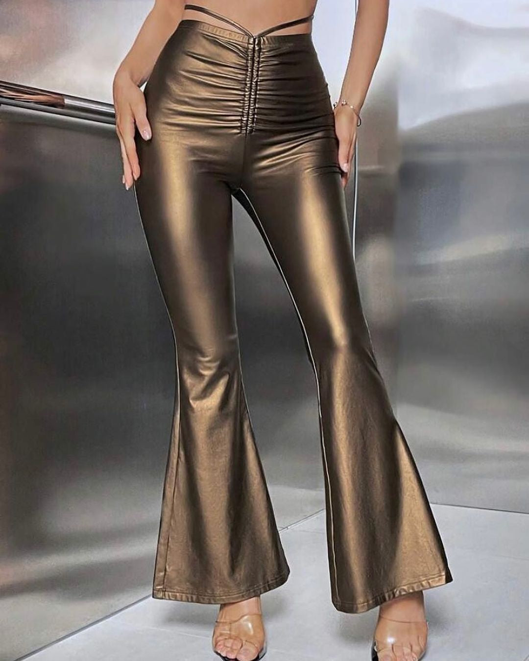 High Waist PU Leather Pants Women Gold