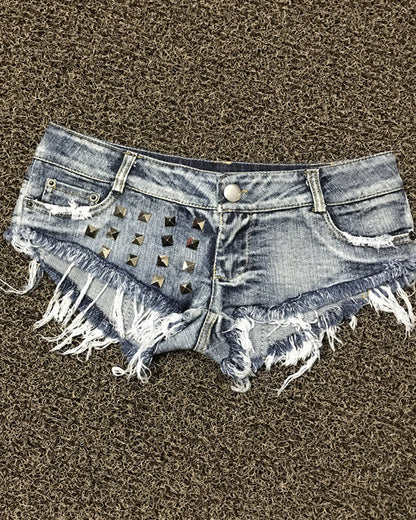 Raw Edge Washed Studded Low-Rise Denim Shorts Lightblue