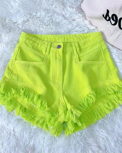 Solid Color Fringed Denim Shorts LightGreen