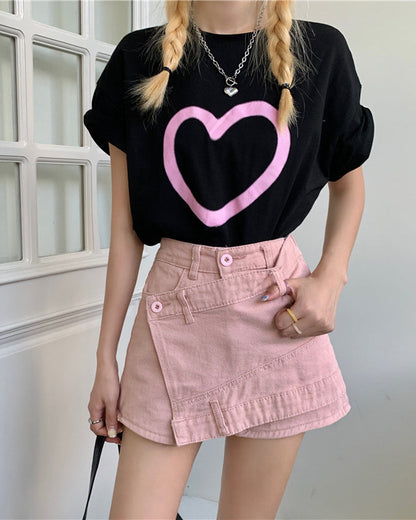 A-Line High-Waisted Denim Skirt Pink